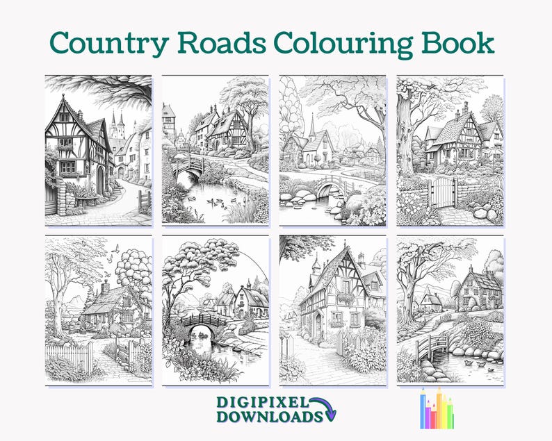 Puede incluir: Un libro para colorear con ocho ilustraciones en blanco y negro de caminos rurales y casas. El libro se titula "Country Roads Coloring Book".
