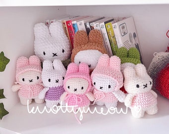 white bunny in a dress and hood amigurumi crochet // ready to ship // cute kawaii stuffed animal toy plushie snuggle // pink bee strawberry