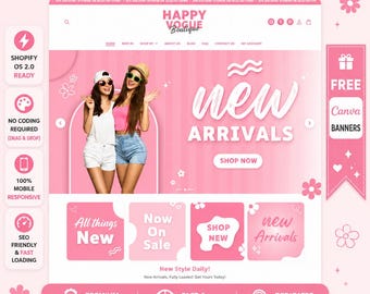Happy Vogue Shopify Theme - Pink Boutique Website Template, Trendy Clothing Store Design, Chic Fashion Brand, Canva Banners, OS 2.0