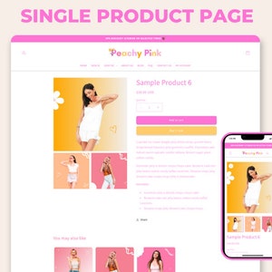 May include: A single product page for a white sleeveless dress with a floral print. The dress is shown on a model against a yellow background with white flowers. The page also includes a description of the product, a price, and a button to add the product to the cart. The page also includes a section for related products.