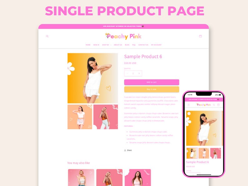 May include: A single product page for a white sleeveless dress with a floral print. The dress is shown on a model against a yellow background with white flowers. The page also includes a description of the product, a price, and a button to add the product to the cart. The page also includes a section for related products.
