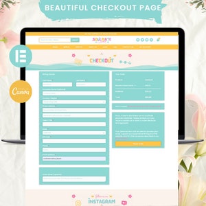 May include: A light blue and yellow checkout page with the text "SOULMATE Candles" and "CHECKOUT" on a laptop screen. The page includes a form for billing details and a summary of the order.
