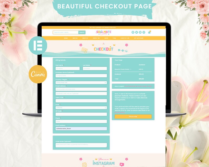 May include: A light blue and yellow checkout page with the text "SOULMATE Candles" and "CHECKOUT" on a laptop screen. The page includes a form for billing details and a summary of the order.