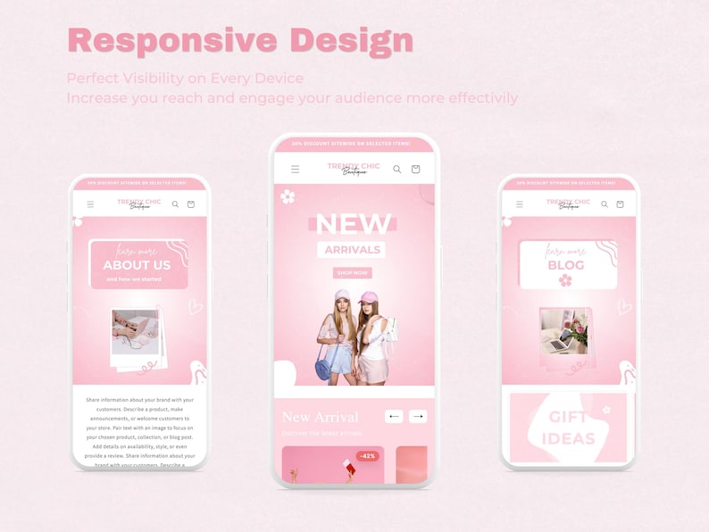 TrendyChic – Shopify-Website-Vorlage für Bekleidung | Rosa Boutique-Website, feminines und niedliches Design | Canva-Vorlagen | Shopify OS 2.0 Bild 3