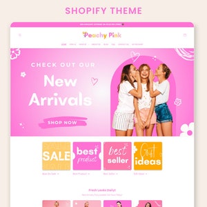 Op de afbeelding: Een roze en witte website-homepage voor een kledingwinkel genaamd "Peachy Pink". De website heeft een banner met de tekst "Bekijk onze nieuwe aankomsten" en een knop met de tekst "Nu kopen". De website heeft ook een sectie met vier kleurrijke vierkanten waarop "Sale", "Beste product", "Bestseller" en "Cadeau-ideeën" staat.