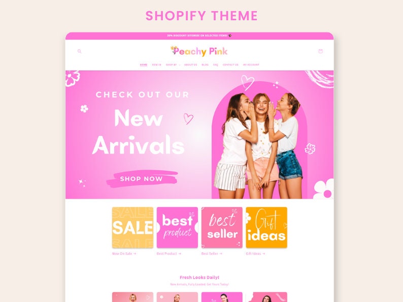 Peachy Pink Boutique Shopify Theme | Pink Shopify Template | Feminine, Minimal & Cute Design | Editable Canva Templates | Shopify OS 2.0