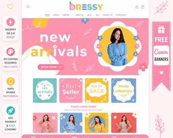 Dressy Shopify Theme - Pink Dress Boutique Website Template, Girly Clothing Store Design, Kawaii Aesthetic Apparel, Canva Banners, OS 2.0