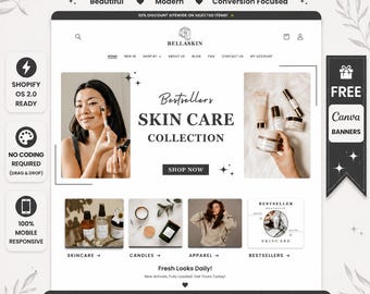 Skincare Shopify Theme - Bella Skin Beauty Boutique Website Template, Minimal Feminine Cosmetics Design, Canva Banners, OS 2.0