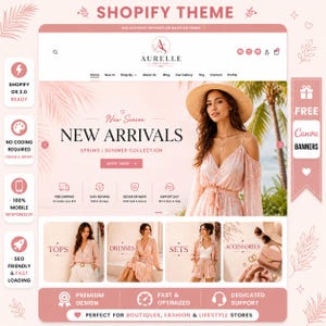 May include: A Shopify website theme layout for Aurelle Boutique featuring a soft pink colour palette. The design includes a header with navigation, a hero section with a model in a straw hat, and product category sections for tops, dresses, sets, and accessories.