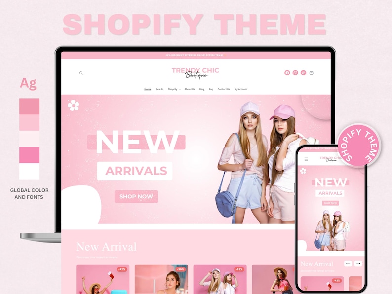 TrendyChic – Shopify-Website-Vorlage für Bekleidung | Rosa Boutique-Website, feminines und niedliches Design | Canva-Vorlagen | Shopify OS 2.0 Bild 1