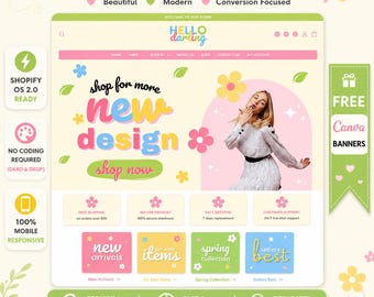 Retro Flower Shopify Theme - Hello Darling Pastel Boutique Website Template, Colorful Clothing Store Design, Canva Banners, Shopify OS 2.0