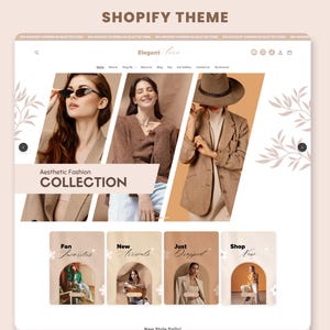 May include: A website mockup with a light beige background. The website displays an "Aesthetic Fashion Collection" with images of models in different outfits. The top banner reads "Shopify Theme".