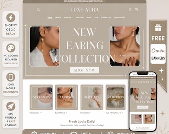 LuxeAura Shopify Theme - Jewelry Website Template, Luxury Boutique Design, Elegant Earrings Necklace Shop, Canva Banners, OS 2.0