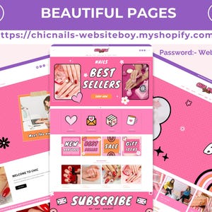 May include: A website interface design for Chic Nails featuring a vibrant pink color scheme. The layout includes sections for best sellers, new arrivals, sales, and gift ideas, with various nail art imagery, heart icons, and the text Subscribe in our email.
