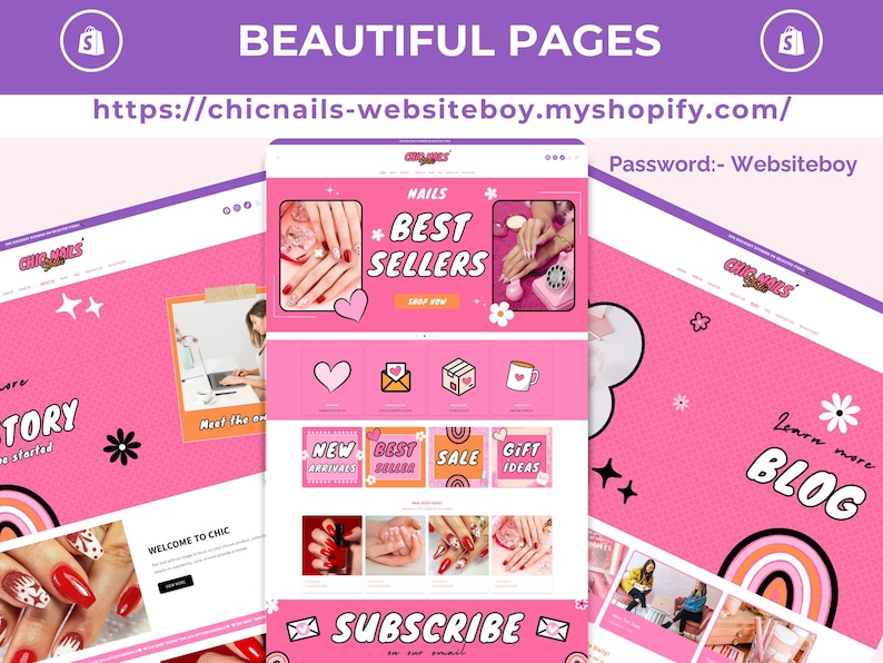 May include: A website interface design for Chic Nails featuring a vibrant pink color scheme. The layout includes sections for best sellers, new arrivals, sales, and gift ideas, with various nail art imagery, heart icons, and the text Subscribe in our email.