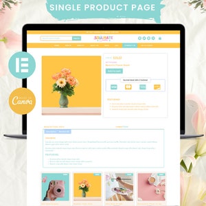 May include: A single product page for a floral arrangement featuring a bouquet of peach and white flowers in a green vase on a yellow background. The product is titled "Beautiful Flower Board" and is priced at $19.00. The page includes a description, features, and images of similar products.