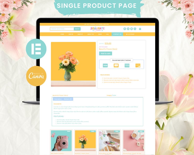 May include: A single product page for a floral arrangement featuring a bouquet of peach and white flowers in a green vase on a yellow background. The product is titled "Beautiful Flower Board" and is priced at $19.00. The page includes a description, features, and images of similar products.