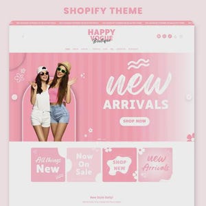 May include: A website interface for Happy Vogue Boutique featuring a pink gradient background, the text New Arrivals, and Shop Now. Two individuals are shown wearing casual clothing, including a white top, shorts, and a pink crop top.