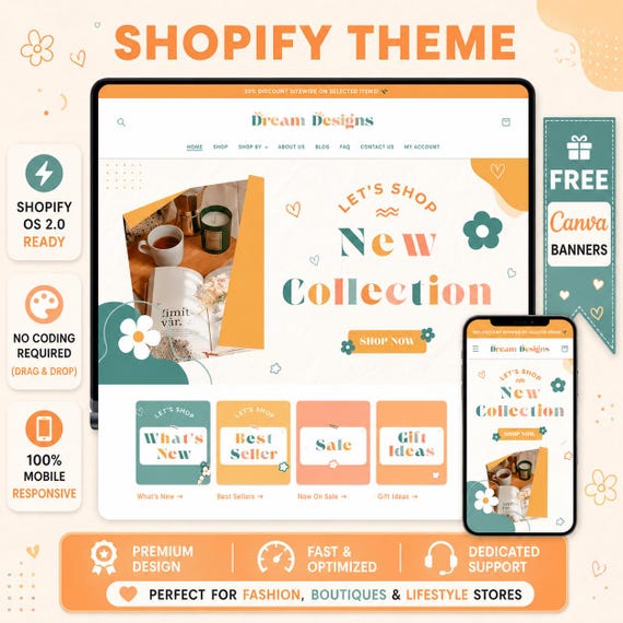Dreamy Designs Shopify Theme - Feminine Boutique Website Template, Elegant Aesthetic Clothing Store Design, Canva Banners, OS 2.0 Ready