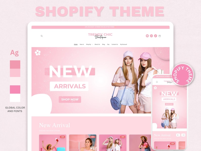 TrendyChic – Shopify-Website-Vorlage für Bekleidung | Rosa Boutique-Website, feminines und niedliches Design | Canva-Vorlagen | Shopify OS 2.0 Bild 2