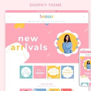 Könnte beinhalten: Eine rosa und gelbe Website-Startseite für ein Bekleidungsgeschäft namens "Dressy". Die Website zeigt ein Banner mit dem Text "Neue Artikel" und ein Telefon-Mockup, das ein ähnliches Banner mit dem Text "Neue Artikel" anzeigt. Die Website zeigt auch einen Abschnitt mit vier bunten Quadraten, die "Alle neuen Artikel", "Bestseller", "Neu im Angebot" und "Trendige Kollektionen" sagen.