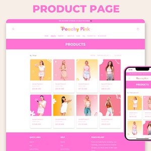 May include: A website homepage for a clothing store called "Peachy Pink" with a pink and yellow color scheme. The website features a variety of clothing items, including dresses, skirts, and tops. The website also includes a "Products" section, a "Quick Links" section, and a "Help" section.