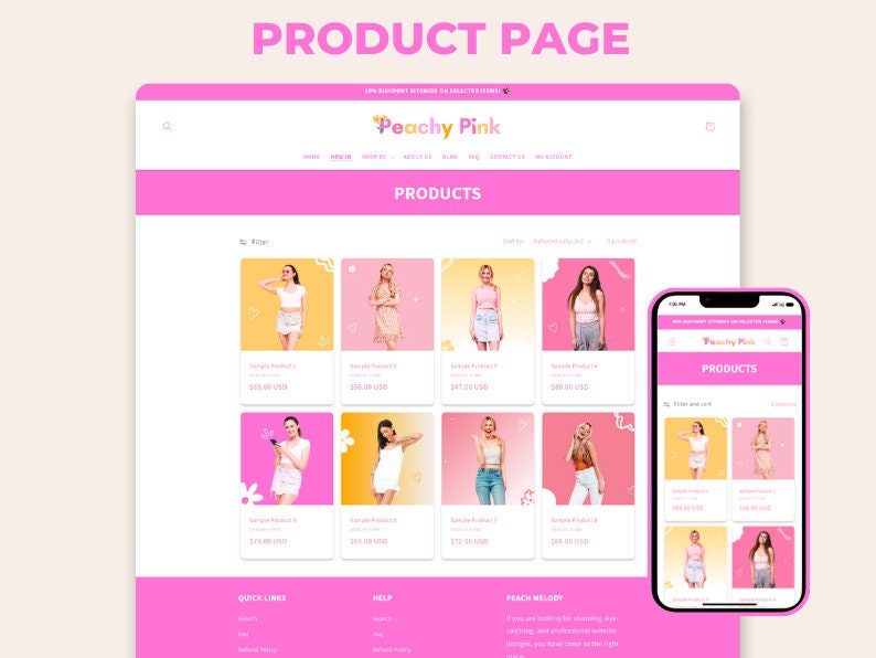 May include: A website homepage for a clothing store called "Peachy Pink" with a pink and yellow color scheme. The website features a variety of clothing items, including dresses, skirts, and tops. The website also includes a "Products" section, a "Quick Links" section, and a "Help" section.