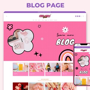 May include: A website design for a blog page titled Chic Nails, featuring a bright pink background with white flower and star graphics. The layout includes a header, a main banner with the text Learn more BLOG, and a grid of article thumbnails.