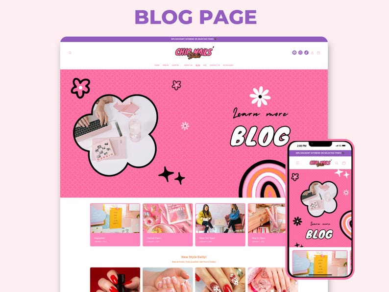 May include: A website design for a blog page titled Chic Nails, featuring a bright pink background with white flower and star graphics. The layout includes a header, a main banner with the text Learn more BLOG, and a grid of article thumbnails.