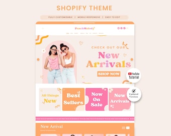 May include: A digital Shopify theme template titled PeachMelody featuring a light peach color scheme. The layout includes a header with navigation, a hero section with two people, and a grid of four colorful square buttons labeled All Things New, Best Sellers, Now On Sale, and New Arrivals. Text includes Check Out Our New Arrivals and Shop Now.