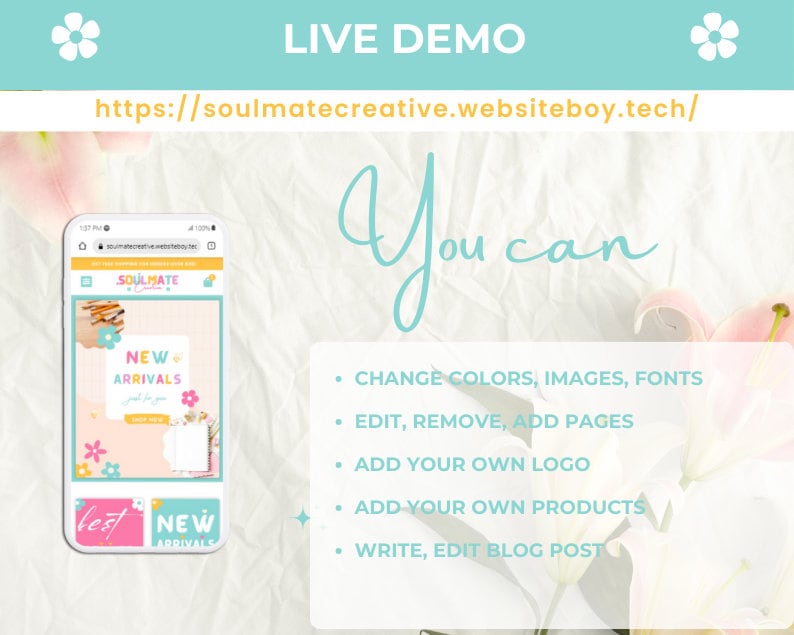 May include: A mobile phone screen displaying a website with the text "SOULMATE Creative" and "NEW ARRIVALS". The website is decorated with pink and white flowers. The text "You can" is written in cursive on a white background with pink flowers.