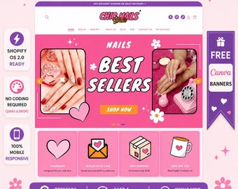 Nail Shopify Theme - Chic Nails Press On Website Template, Pink Feminine Nail Salon Design, Canva Banners, Shopify OS 2.0