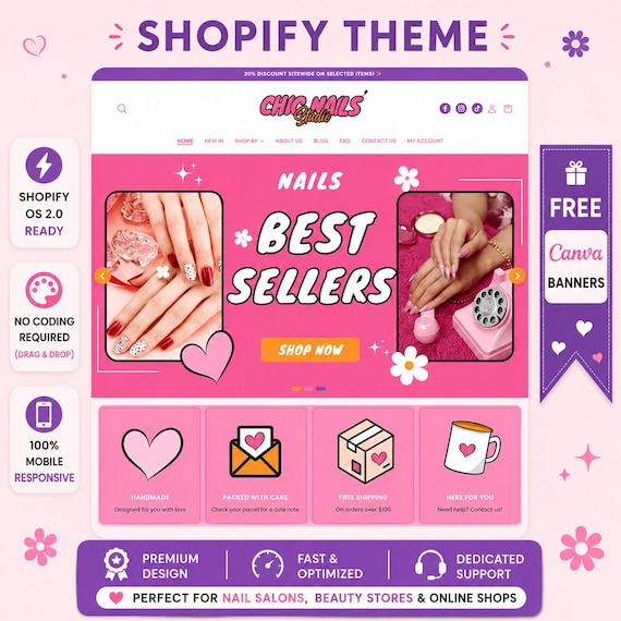 Chic Nails - Nail Website Template | Pink Shopify Theme, Press On Nails & Beauty Boutique | Canva Templates | Shopify OS 2.0