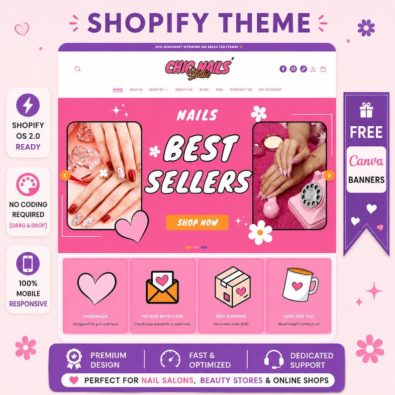 Chic Nails - Nail Website Template | Pink Shopify Theme, Press On Nails & Beauty Boutique | Canva Templates | Shopify OS 2.0 image 1