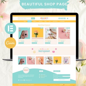 May include: A website homepage for a shop called "Soulmate Crafts" featuring a variety of products, including a pink instant camera, a bouquet of flowers, a painting, and a cup of coffee. The website has a light blue and yellow color scheme and includes a call to action to follow the shop on Instagram.