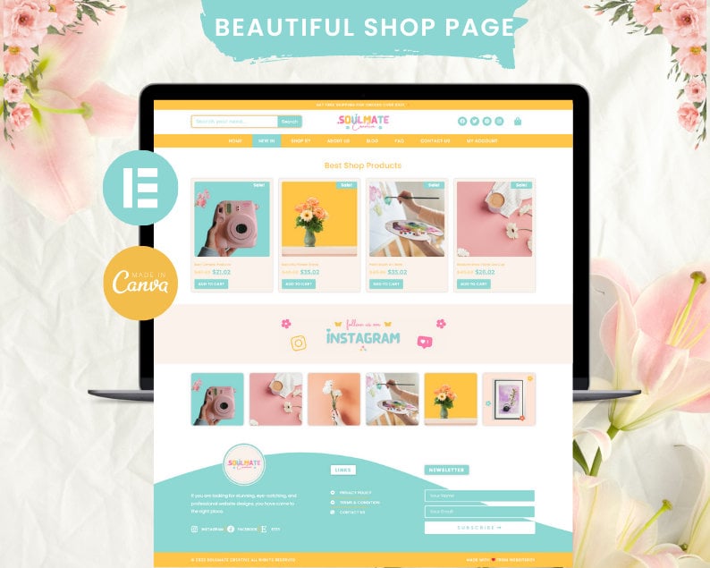 May include: A website homepage for a shop called "Soulmate Crafts" featuring a variety of products, including a pink instant camera, a bouquet of flowers, a painting, and a cup of coffee. The website has a light blue and yellow color scheme and includes a call to action to follow the shop on Instagram.