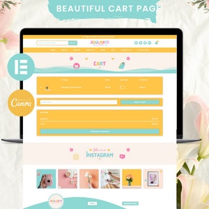 May include: A laptop computer screen displaying a website with a yellow and blue color scheme. The website is for a business called "Soulmate Creations" and features a shopping cart page. The text "Follow me on Instagram" is displayed in a pink box with a white outline. The website also features a section with images of products.