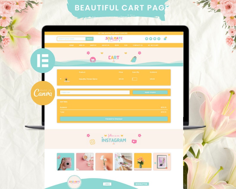 May include: A laptop computer screen displaying a website with a yellow and blue color scheme. The website is for a business called "Soulmate Creations" and features a shopping cart page. The text "Follow me on Instagram" is displayed in a pink box with a white outline. The website also features a section with images of products.