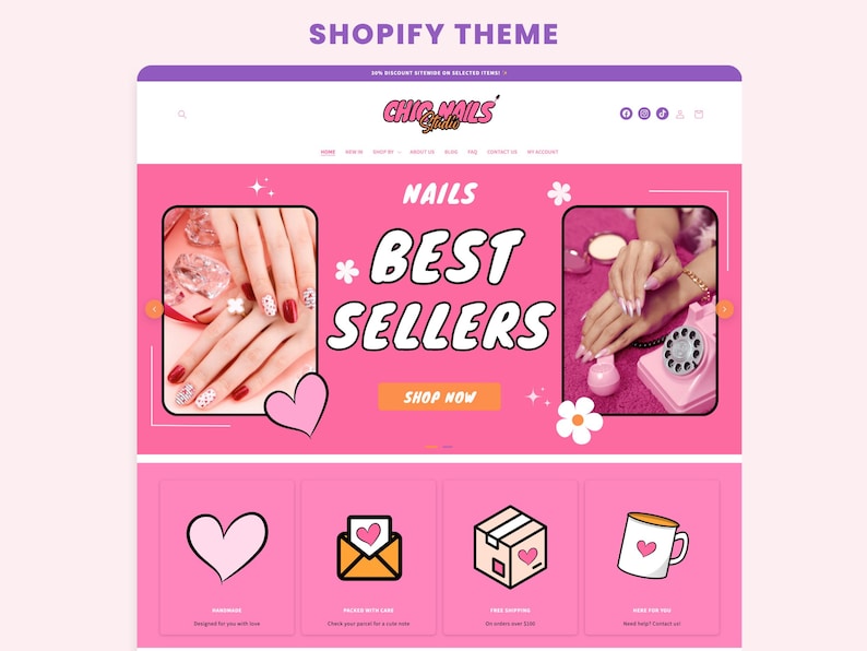 May include: A Shopify website theme for Chic Nails Studio featuring a bright pink color scheme. The homepage displays the text NAILS BEST SELLERS, two images of manicured hands, a Shop Now button, and four icons representing a heart, envelope, box, and mug.