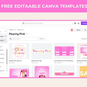May include: A screenshot of a Canva project page showing a variety of templates for social media, websites, and other marketing materials. The templates are all in a pink color scheme and feature text such as "Peachy Pink", "Chic Charm", "New Arrivals", and "Sale".