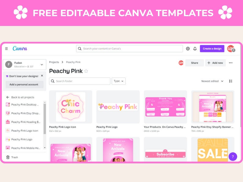 May include: A screenshot of a Canva project page showing a variety of templates for social media, websites, and other marketing materials. The templates are all in a pink color scheme and feature text such as "Peachy Pink", "Chic Charm", "New Arrivals", and "Sale".