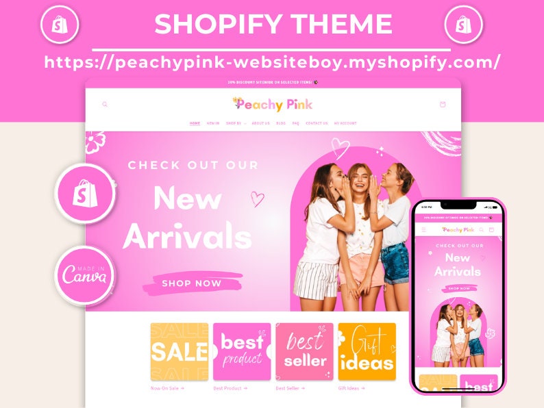 May include: A pink and white website design for a shop called "Peachy Pink". The website features a banner with the text "Check out our New Arrivals" and a button that says "Shop Now". The website also features a section with four buttons that say "Sale", "Best Product", "Best Seller", and "Gift Ideas".