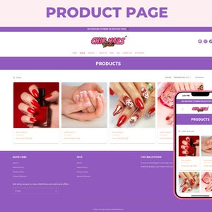 May include: A digital mockup of a Chic Nails Studio e-commerce website displayed on both a desktop browser and a mobile phone screen. The layout features a purple header and footer, a product grid showing various manicured hands, and navigation menus.