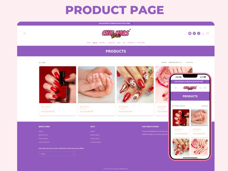 May include: A digital mockup of a Chic Nails Studio e-commerce website displayed on both a desktop browser and a mobile phone screen. The layout features a purple header and footer, a product grid showing various manicured hands, and navigation menus.