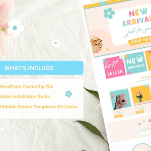 May include: A website homepage for an online shop selling handmade items. The website features a pink and blue color scheme with a floral design. The text on the page reads "New Arrivals" and "Best Seller".