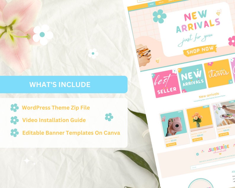 May include: A website homepage for an online shop selling handmade items. The website features a pink and blue color scheme with a floral design. The text on the page reads "New Arrivals" and "Best Seller".