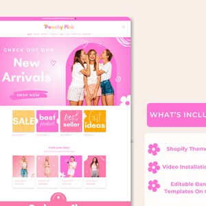 May include: A pink and white website design for an online store called "Peachy Pink". The website features a banner with the text "Check out our New Arrivals" and a button that says "Shop Now". The website also features a section with four colorful squares that say "Sale", "Best Product", "Best Seller", and "Great Ideas".