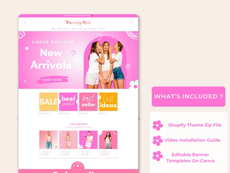 May include: A pink and white website design for an online store called "Peachy Pink". The website features a banner with the text "Check out our New Arrivals" and a button that says "Shop Now". The website also features a section with four colorful squares that say "Sale", "Best Product", "Best Seller", and "Great Ideas".