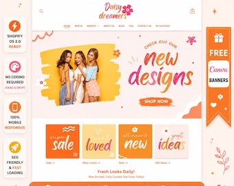 Daisy Dreamers Shopify Theme - Groovy Floral Boutique Website Template, Orange Retro Clothing Store Design, Cute Warm Pastel, OS 2.0
