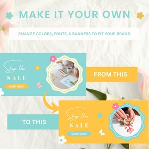 May include: Two banner designs for a sale. The top banner is light blue with a yellow circle containing a hand painting with watercolors. The bottom banner is yellow with a yellow circle containing a hand stamping a design. Both banners have the text "Shop the SALE" and "SHOP NOW".